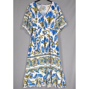 NWT‎ FIG + FLOWER LINEN Blend Floral Paisley Tiered Puff Sleeve Midi Dress 2X